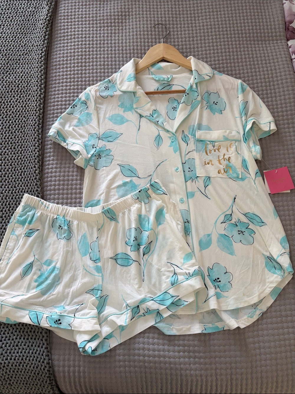 kate spade White Short Floral Pajama Set with Aqua Blue Print